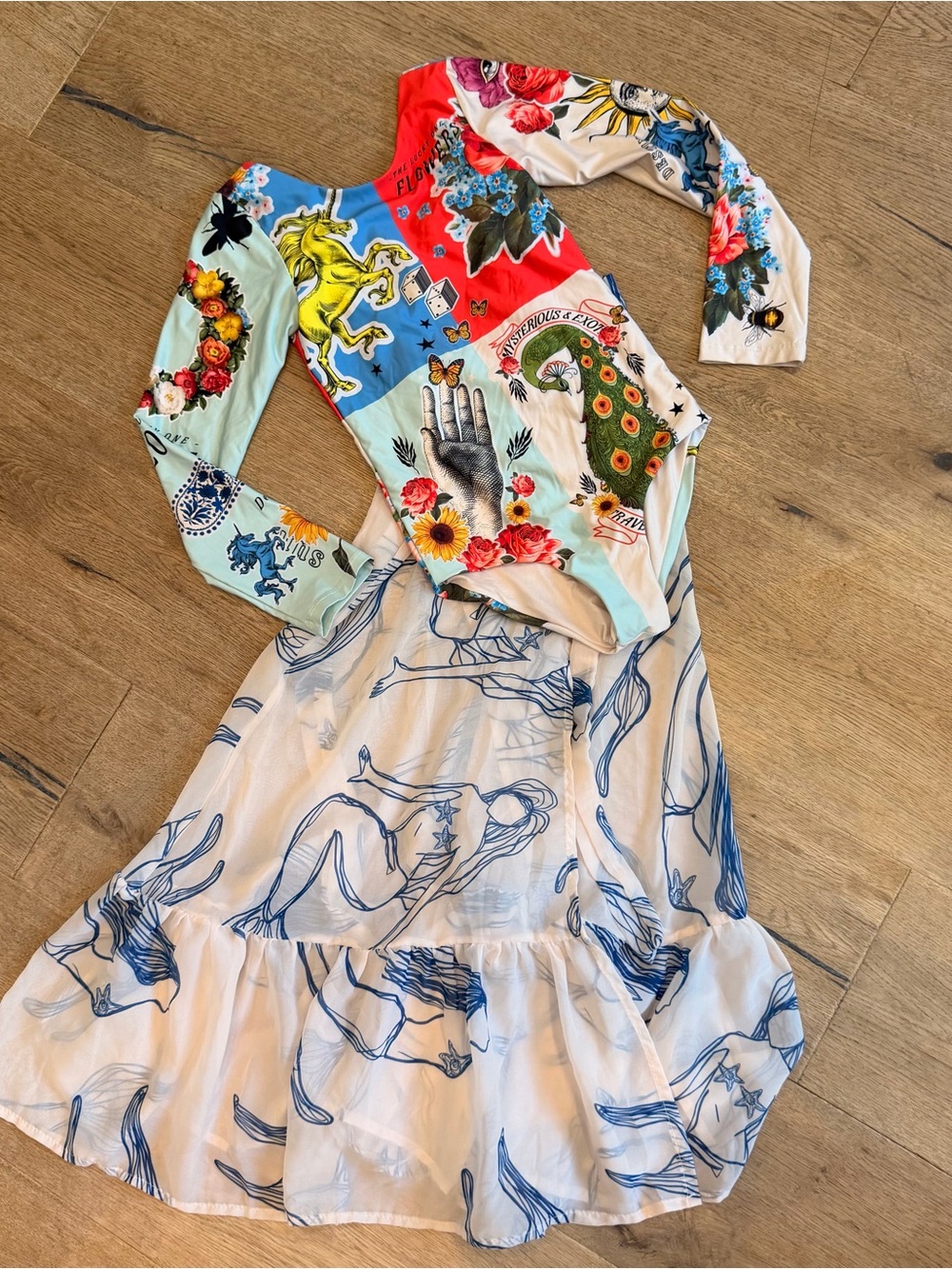 Agua Bendita + ANCORA girls Floral Long Sleeve swimsuit mermaid cover-up skirt